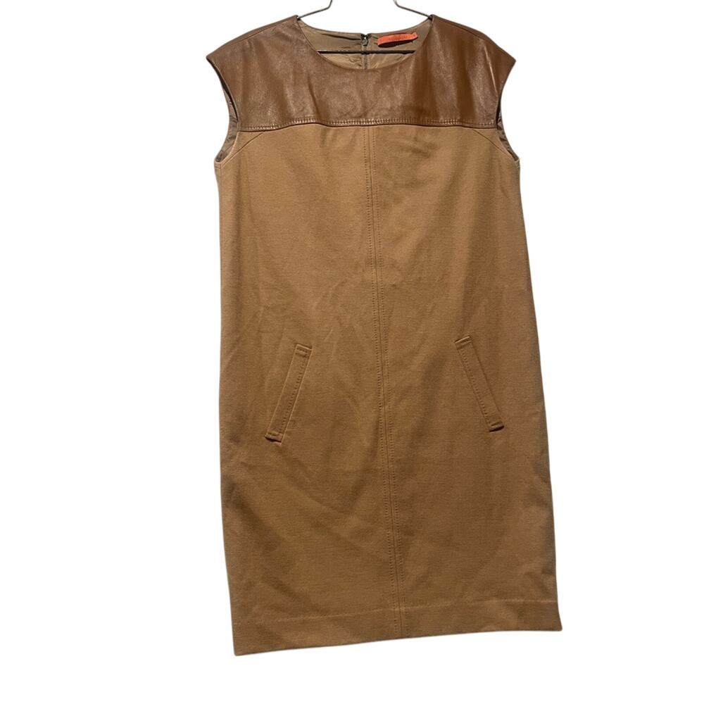 Sinclaire 10 Luxury Brown Wool Cotton Dress with Lamb Leather Accents pockets